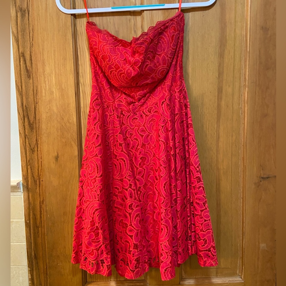 Strapless red lace dress